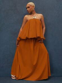 Vixey 紋理編織無肩帶泡泡袖高低下擺上衣，附口袋 - 銅色 - 查看 3