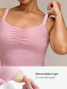 GLOWMODE Plus Size FeatherFit™-CloudBlend Studio Form Ruched Active Tank With Adjustable Straps & Removable Cups Ballet Studio Daily - Dusty Pink - View 3