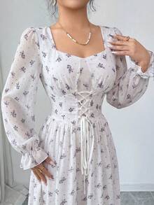 Modelyn Gaun Midi Wanita Desain Prancis dengan Leher Lubang Kunci dan Tali Ikat Pinggang, Lengan Lentera - Purple - View 8