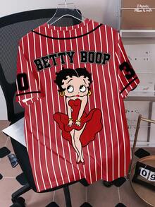 Betty Boop x SHEIN 男士條紋字母卡通印花休閒日常短袖T恤 - 白色 - 查看 2