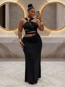 Slaydiva Plus Size Ring Cutout Sleeveless Bodycon Dress, Sexy Elegant Party Club Date Night Evening Dress - Black - View 3