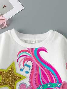 SHEIN Trolls Young Girl Casual Colorblock Cartoon Pattern Crew Neck Sweatshirt, Autumn - White - View 4
