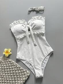 Swim Mod Women's One-Piece Embroidered Mesh Fabric White Frill Trim Detachable Shoulder Strap Swimsuit - White - View 2