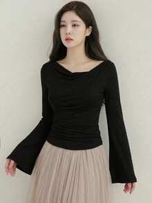 DAZY Women's Solid Color Cowl Neck Flare Sleeve Fashion T-Shirt Fall - Black - View 5