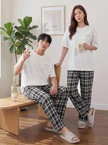 DAZY 夏季字母印花T恤和格子裤男士家居服套装睡衣 - 白色 - 查看 8
