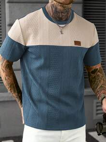 Manfinity Homme Camiseta casual de verano para hombre con bloques de color y patchwork - Agua verde azul - Ver 3