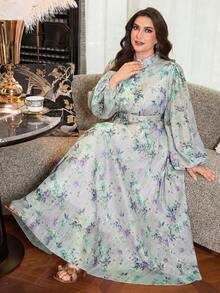 Modelyn 大码女式印花褶皱腰身优雅派对连衣裙 - 藍色 - 查看 5