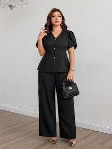 Modelyn Conjunto de 2 piezas para mujer de talla grande con top de manga corta y pantalones largos de unicolor con botones metálicos, estilo casual para ir al trabajo - Negro - Ver 4