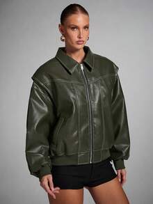 SHEIN x Tata & Beatriz SHEIN BAE Women's Solid Color PU Leather Long Sleeve Zipper Front Jacket - Army Green - View 3