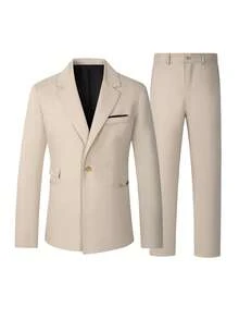 Manfinity Mode Men's Spring/Summer/All-Season Suit Set, Apricot Fabric Mature Business Style Jacket & Pants Suit Set - Apricot - View 3