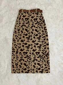 Franclia Plus Size Leopard Print Corduroy Split Hem Skirt Fall - Khaki - View 2
