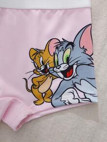 TOM & JERRY X SHEIN Calzoncillos tipo boyshorts casuales cómodos y lindos con estampado de dibujos animados y bloques de color para niña joven - Rosa Pálido - Ver 5