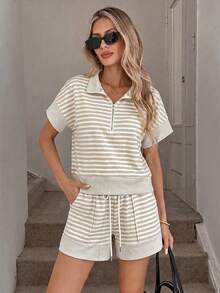 SHEIN LUNE 女款休閒夏季度假通勤沙灘旅行外出穿搭條紋短袖T恤與短褲兩件套 - 卡其色 - 查看 4