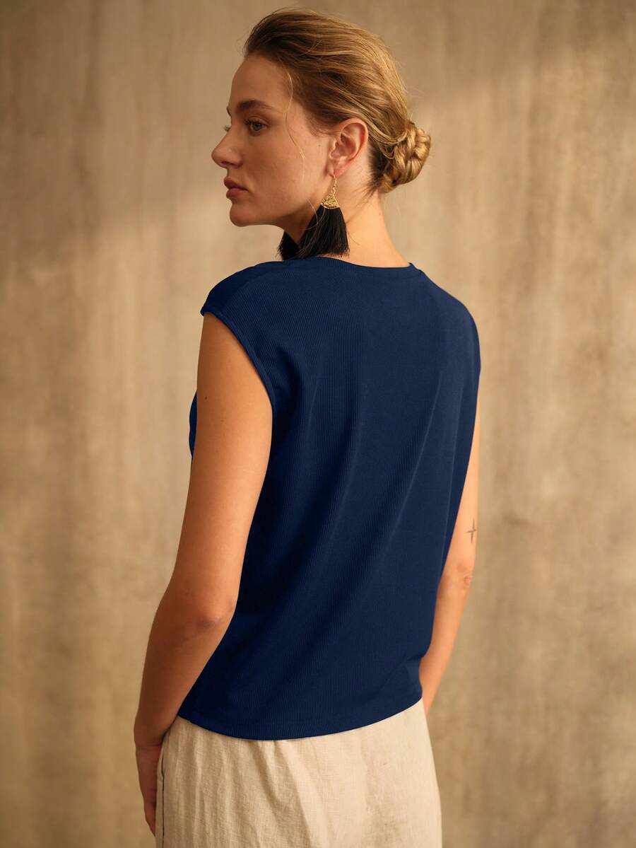 MOTF PREMIUM ASYMMETRICAL SHOULDER CAP SLEEVE VERSATILE CROPPED PULLOVER T-SHIRT - Navy Blue - View 2