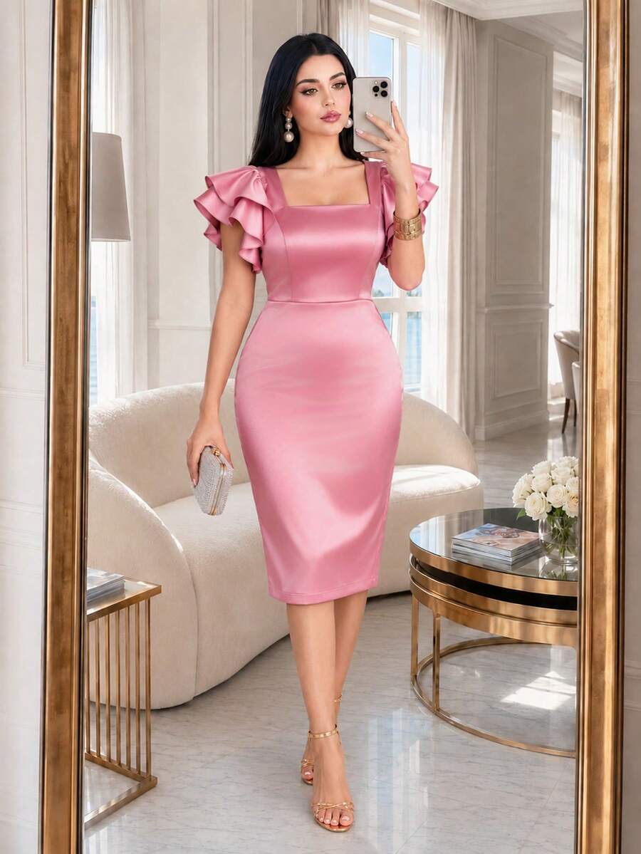 SHEIN Lady Gaun Wanita Ukuran Besar Warna Polos Leher Persegi Lengan Berkerut Pas Badan Elegan Menonjolkan Bentuk Tubuh Gaun Formal Pernikahan Musim Panas Warna Pink - Dusty Pink - View 1