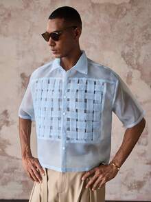 AKNOTIC Men's Single-Breasted Organza Woven Trim Short Sleeve Shirt - Baby Blue - View 5