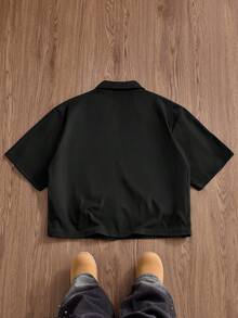 ESTAVOR 男士純色休閒百搭短袖襯衫，適合日常穿著 - 黑色 - 查看 2