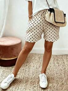 EMERY ROSE Plus Size Polka Dot Print Drawstring Waist Pocket Casual Shorts - Black - View 3