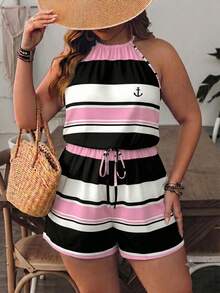 EMERY ROSE Mono casual de uso diario para mujer talla grande con estampado de ancla, plisado, bloques de color y cuello halter - Rosa - Ver 4