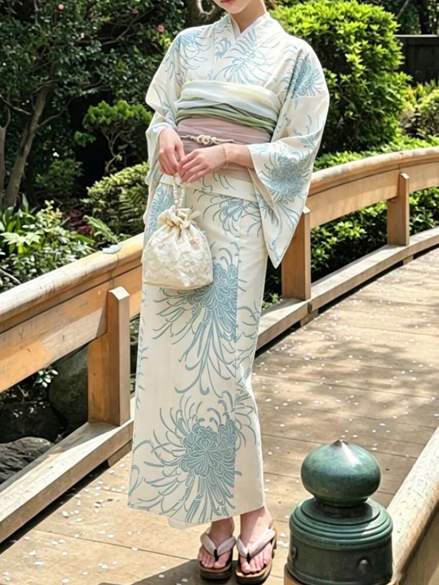 Irokai 花卉印花和服式喇叭袖长袍 - 彩色 - 查看 1