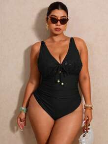 Elaquor Plus Size Elegant Sequin Tie-Up Fashion Vacation One-Piece Swimsuit Elegant Luxury Sequin Beach Vacation Swim Dress For Women Elegant Black Swim Dress - Black - View 5