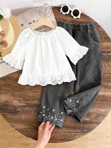 SHEIN 女童 2 件套甜美荷葉邊露肩上衣與串珠牛仔褲，適合夏季日常穿著 - 深灰色 - 查看 3