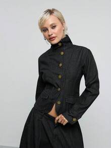 COUREZ Funnel Neck Jacket In Rinse Wash Denim/Y2K Jean Jacket Jean Tops For Women Cute Tops Long Sleeve Tops Concert Outfit Women Club Outfits For Women Fall - Black - View 4