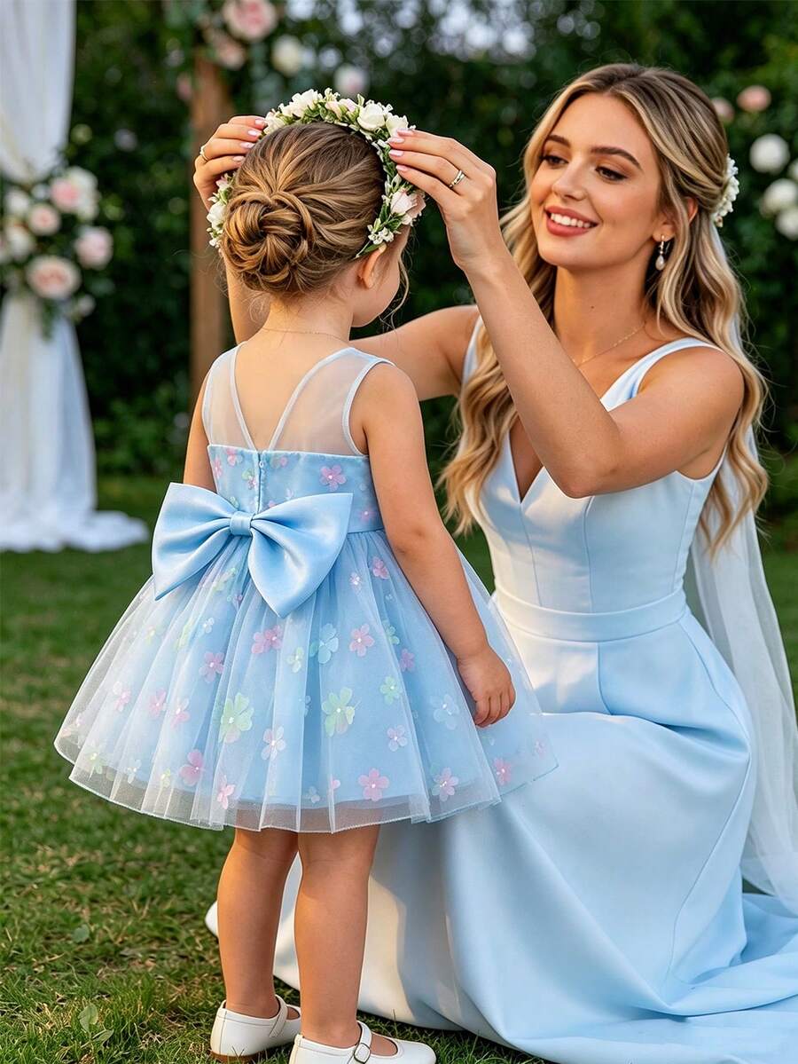 SHEIN Glamorique Kids 嬰兒女童無袖公主洋裝,柔軟藍色薄紗搭配彩色3D花朵刺繡,背部可拆卸大蝴蝶結,適合寶寶週歲生日派對、生日慶祝、婚禮花童、家庭聚會、正式場合、日常出遊、拍照、度假、畢業舞會 - 藍色 - 查看 1