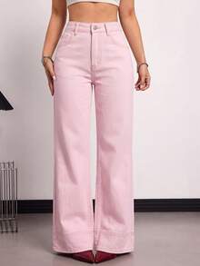 SHEIN Tall 高個女款時尚百搭口袋鈕扣牛仔長褲 秋季教師褲 - 粉色 - 查看 5