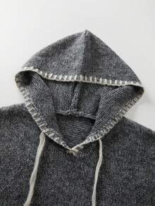 SHEIN Gaun Mini Berkerudung Rajut Slub Nyaman Musim Semi/Gugur Terbaru untuk Wanita dengan Pinggiran Garis dan Tali Serut, Potongan Longgar dan Besar - Dark Grey - View 4