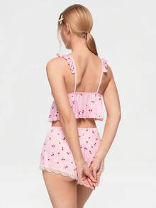 Bonmuse 2pcs/Set Women's Pink Cherry Print Lace Patchwork Pajama Top And Pants Loungewear Set - Pink - View 2