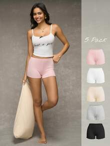 Esseday 5pcs Solid Ribbed Knit Boyshorts - Multicolor - View 1