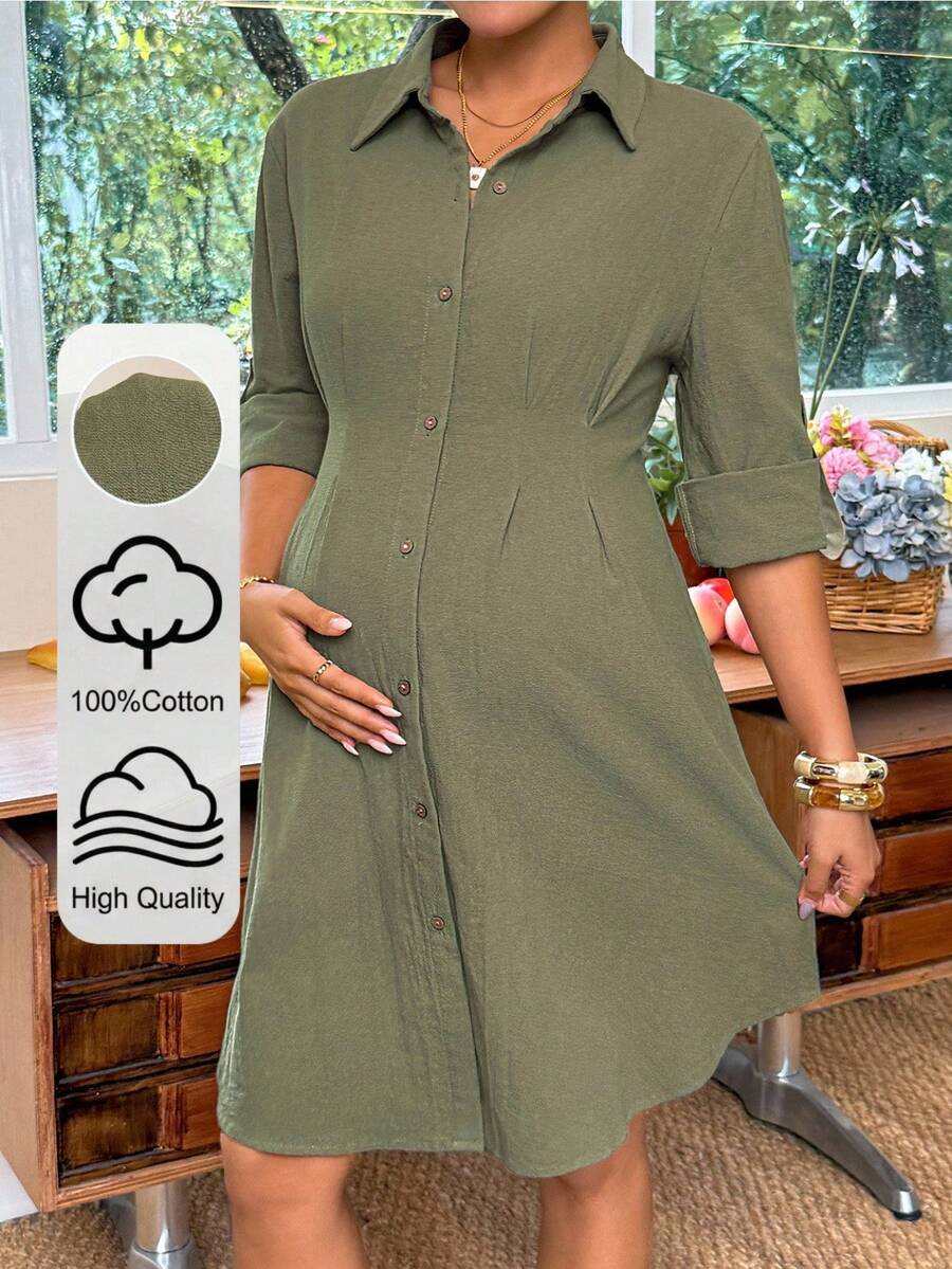 SHEIN Green Long-Sleeved Shirt Dress For Pregnant Women Single-Breasted Pleated Casual Business Teachers' Day Autumn Fall Maternity Photoshoot