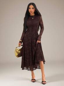 SHEIN PETITE Elegant Dark Brown Lace Dress For Women,Dresses For Women Elegant Dinner Autumn - Coffee Brown - View 5