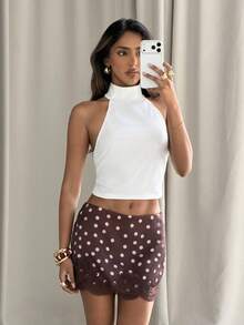 Aloruh Women's Summer Elegant Sexy Y2k Brown Polka Dot Print Lace Patchwork Skirt Night - Brown - View 7