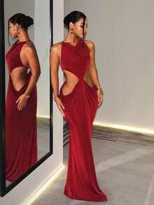 BamGleam Women's Solid Color Cowl Neck Waist Cutout Sexy Sleeveless Dress - Burgundy - View 5