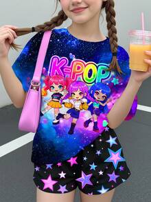 兒童小女孩卡通女團印花 K-Pop 超級巨星 紮染短袖上衣與短褲兩件套，適合夏季，圖案設計，可愛舒適 - 彩色 - 查看 1