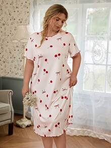 CottageSlumber Plus Size Women's Frill Trim Ribbed Knit Cherry Print Nightgown - White - View 6