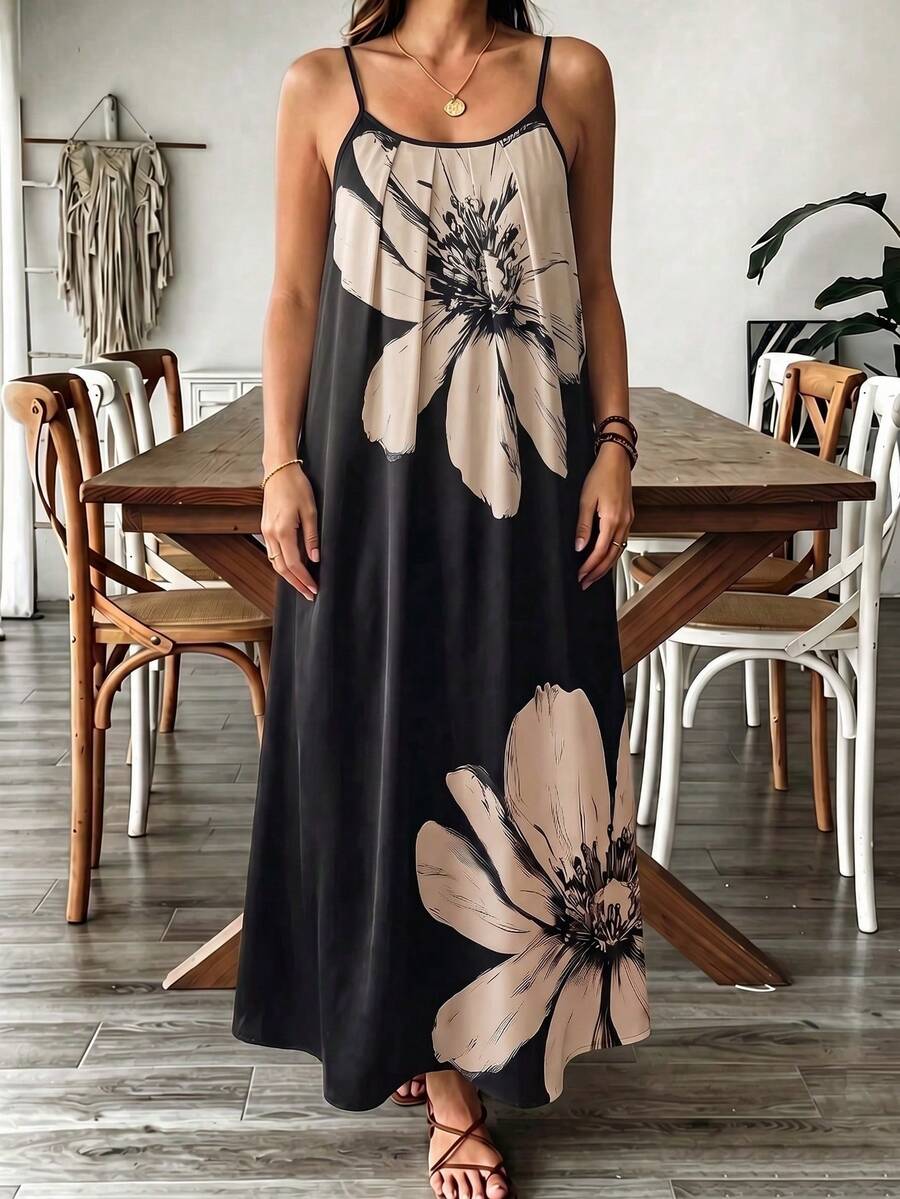 SHEIN VCAY Plus Size Women Summer Casual Elegant Floral Print Sleeveless Dress Evening Formal Vacation Black - Black - View 1