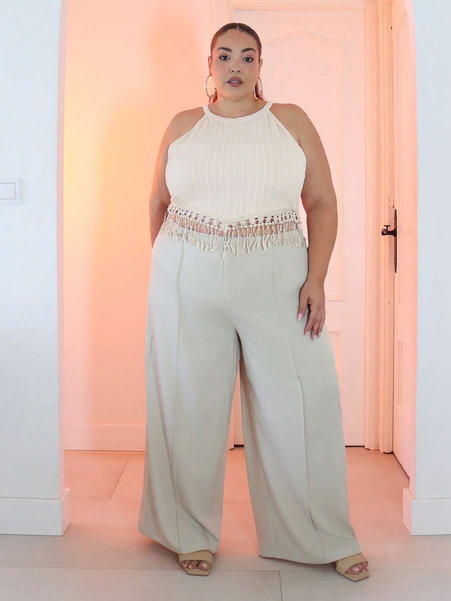 Pretty and Ole Plus Size Summer Fringed Hem Textured Spaghetti Strap Crop Top Knitted Tops For Women Casual - Apricot - View 1