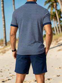 Manfinity Dauomo Men's Simple Button Half-Placket Short Sleeve Striped Polo Shirt And Drawstring Waist Pocket Shorts Set - Multicolor - View 2