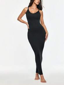 SHAPORA Plus Size Women's Solid Color Casual Daily Wear Bodycon Spaghetti Strap Dress - Black - View 2