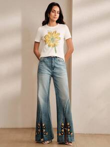 Anewsta Floral Print Casual Romantic Round Neck Short Sleeve T-Shirt Everyday White Summer - White - View 6