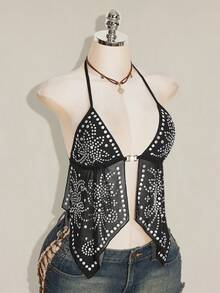 SHEIN ICON Women's Rivet Design Mesh Halter Neck Tank Top With Sexy Slit Hem - Black - View 9