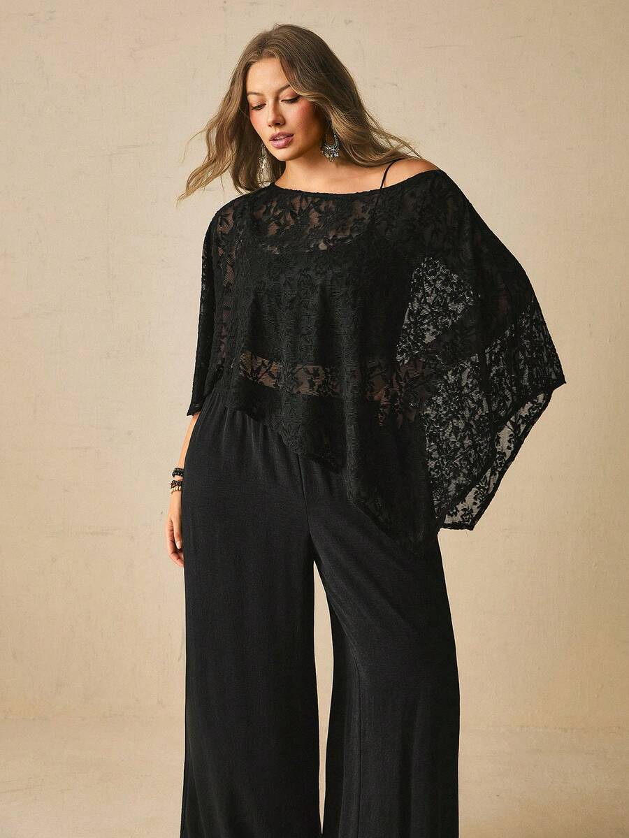 Freevana Plus Size Women's Black Set, Asymmetrical Neckline Sheer Loose Top Wide Leg Pants, Elegant Spring Summer Early Autumn Dinner Formal Night - Black - View 1