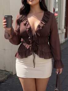 Vionelle Plus Size Women's Summer Autumn New Versatile Ruffle Tie Chiffon Long Sleeve Blouse, Semi-Sheer Ruched Waist Top, Suitable For Elegant Outfits, Versatile, Streetwear, Commuting, Dating - Brown - View 3