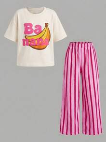 SHEIN LMoss Kids 少女香蕉字母印花T恤條紋長褲套裝 - 彩色 - 查看 3