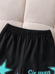 SHEIN 2件組男孩字母數字標語印花拼色條紋拉鍊開襟外套與短褲套裝，適合日常休閒運動校園戶外，春夏款，舒適面料，時尚版型，新春夏風格，適合多季節與場合，兒童春秋套裝 - 彩色 - 查看 7