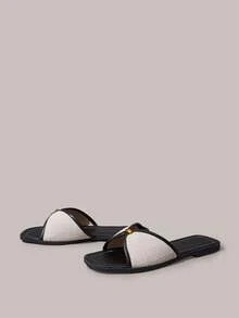 Styleloop Sandalias de punta cuadrada con combinación de colores retro para mujer, de lino, transpirables, estilo holgado, pantuflas de arrastre para vacaciones en verano - Negro - Ver 5