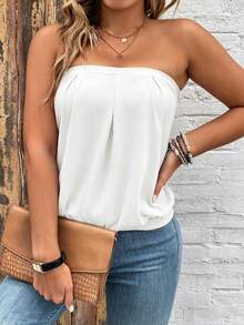 Breezaya Plus Size Women's Solid Color Fashion Casual Tube Top, Casual Wear, Summer, Suitable For Summer, Perfect For Spring/Summer Beach, Daily Wear, Date Night, Brunch, Street Style - White - View 5